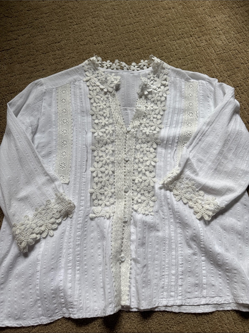 White Lace-Trim Women's Button Front Top